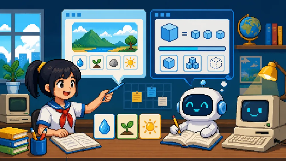 Pixel-art Mentee learning-by-teaching AI agent